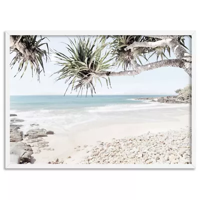 Sunshine Coast Beach View Poster. Palms On Coastal Beach Horizon Print | BOC-108 • $22.95