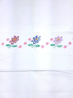 Vintage 1 Standard Pillowcases Embroidery Flowers Daisies Handmade Purple Blue • $8.99