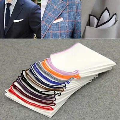 100% Cotton White Pocket Square Handkerchief Hanky With Colour Trim Wedding • £2.75