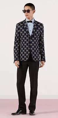 Gucci GG Jacquard Men”s Jacket Blazer Navy Dark Blue And Beige Sz 46 Worn Twice • $1995