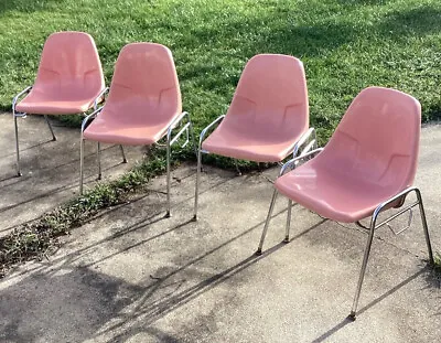 Set 4 MCM Fiberglass Shell Stacking Chair Bench Chair Pink Coral • $320