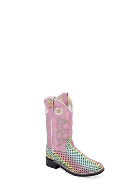Old West Kids Girls Square Toe Pink Multi Faux Leather Cowboy Boots • $26.99