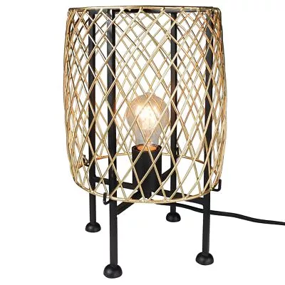 Industrial Glam Gold Cage Table Lamp 14 In Round Diamond Lattice Metal Shade • $185