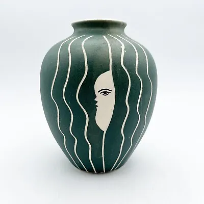 Vintage Art Deco Waylande Gregory Style Green 6  Pottery Vase Ceramic Face • $64.95