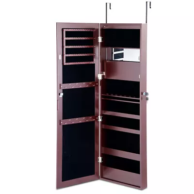 Lockable Mirror Jewelry Cabinet Armoire Brown Wall Door Mounted W/LED Lights • $109.99