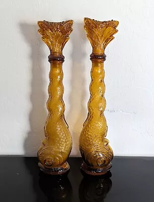 Vintage Pair Amber Glass Italian Empoli Genie Bottle Fish Koi Shaped Decanters  • $59.99