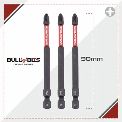 3x 90mm Bull Bits PZ2 Impact Rated Drill Driver Screwdriver Bit Milwaukee DeWalt • £3.99