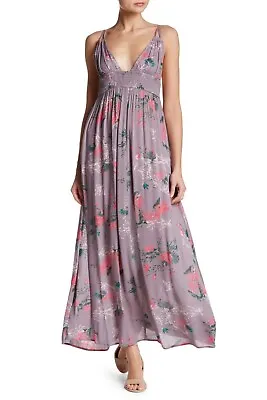 🌸 MEGHAN LA Purple Floral Print GEMINI Smocked Tie @ Shoulder Maxi Dress S 4/6 • $111.75