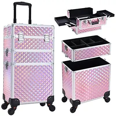  3 In 1 Rolling Makeup Train Case Portable Cosmetic Trolley Large Storage Pink • $146.82