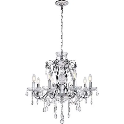 Chrome And Crystal 6 Light Fixture 26in Kitchen Or Living Dining Room Chandelier • $318