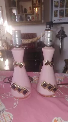 MCM Vintage Mid Century Pink Genie Bottle Ceramic Gold Black Diamond Lamp Pair • $124.99