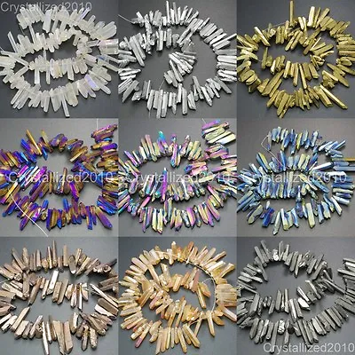 Metallic Titanium Coated Natural Quartz Crystal Stick Spike Pointed Beads 16'' • $9.82