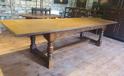 Extra Large Antique Oak Dining Table 10ft Chunky Carved Base Seat 8-14 Refectory • £1200