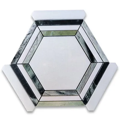 T35BXP Thassos White Marble Hexagon Georama Mosaic Tile Sagano Vibrant Green • $18.99