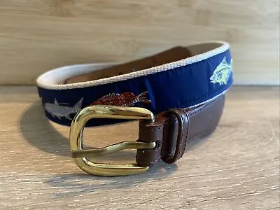 Canterbury Fish Belt Size 32 Leather Canvas Navy Blue Fabric Solid Brass Buckle • $22.75