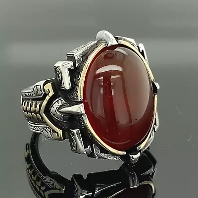 Silver Men Red Agate Ring Sterling Silver Oval Gemstone Vintage Ring • $75