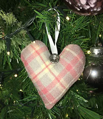 Tartan Hanging Heart Christmas Tree Decoration Pink/grey 100% Wool FREEPOST • £3.49