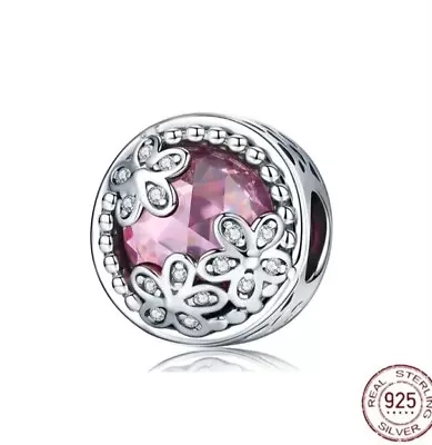 Genuine S925 Sterling Silver Round Flower Pink Rhinestone Bracelet Charm • £12.59