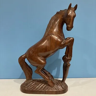 Wooden Hand Carved Rearing Horse Sculpture Vintage Made In India 31cm X 21cm VGC • £55