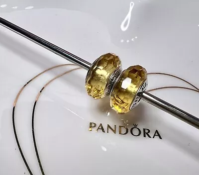 Genuine Set Of 2 Pandora Sterling Silver Faceted Yellow Murano Glass Charms VGC • £28