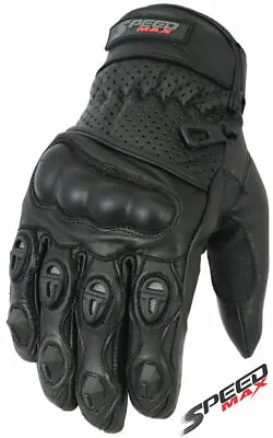 Mens Vented Hard Knuckle Short Summer Black Motorbike Motorcycle Leather Gloves • £14.99