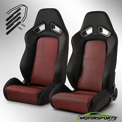 Universal Black+Red Mesh Fabric Reclinable Racing Seats Pair Left/Right W/Slider • $315.98