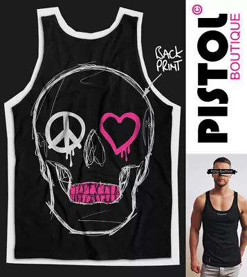 Pistol Boutique Men's Black PEACE HEART EYES SKULL Back Print Vest Singlet Tank • £25.19