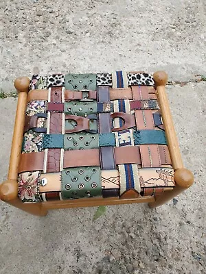 Vintage Stool Small Wood And Belts Woven Footstool Antique Farmhouse • $151.50