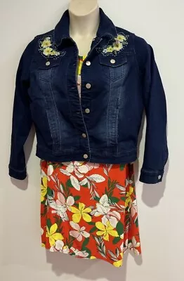 Denim Blue Long Sleeves Short Jacket/ Yellow Embroidery/ Beaded Size14 NWOT • $24