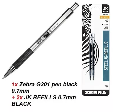 ZEBRA G301 Stainless Steel Retractable Gel Pen 0.7mm BLACK + 2x JK REFILL 0.7mm • $14.95