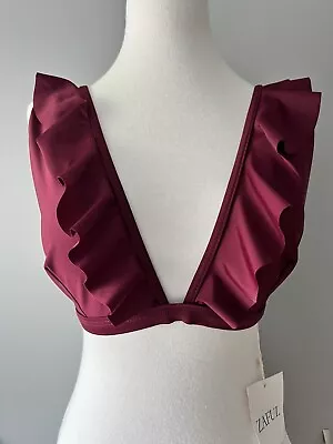 NWT Zaful Swimwear Ruffle Bikini Top Size Medium Wine Maroon Burgundy Color • $7.99