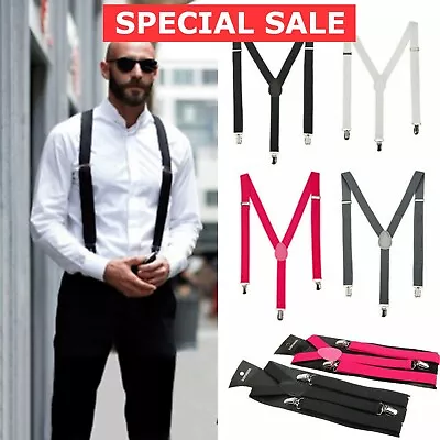 Men's Adjustable Suspenders Elastic Y-Shaped Braces Clips Pants Brace Solid New • $5.85