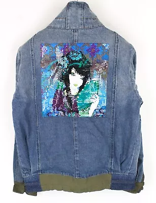 DESIGUAL 40 Women Jacket Cotton Denim Blue Geisha Sequin Logo Long Sleeve • $106.72