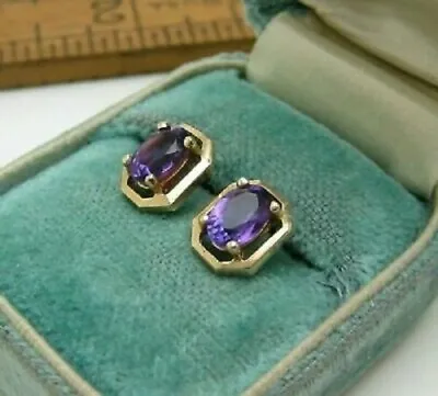 Women's Vintage Estate 14K Yellow Gold Over Amethyst Push Back Stud Earrings 4Ct • $48