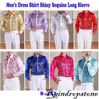 Men's Dress Shirt Shiny Sequins Long Sleeve Button Down Disco Party Costume 4XL • $29.56