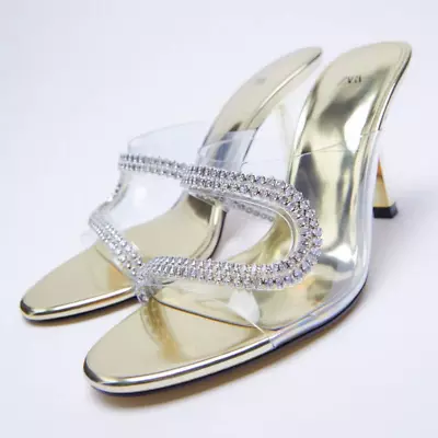 Zara Vinyl Mules With Rhinestones | Gold Crystal-Embellished PVC High Heels • $50