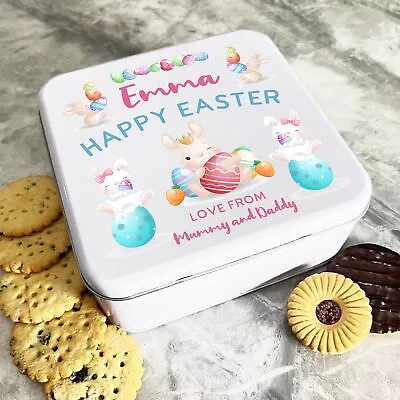 Happy Easter Rabbit Egg Personalised Gift Cake Biscuits Sweets Treat Tin • £14.41