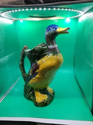 Vtg Duck Pitcher Majolica F Mendes Caldas Portugal 236 Vase Portugese Pottery • $26