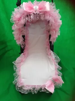 Pram/pushchair Pink Frilly Bling Bow Hood Trim - Universal - Stunning - Romany • £20