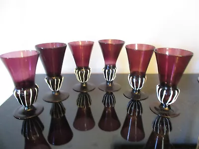 6 Vintage Murano Venetian Hand Blown Art Glass Amethyst Purple Goblet Flute Stem • $249.99