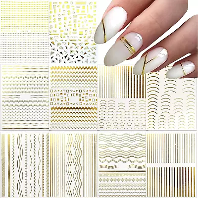 10 Sheets Gold Lines Nail Art Stickers Decal 3D Self Adhesive Metal Curve Stripe • $12.86