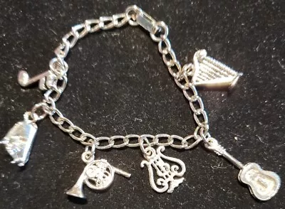 Vintage Silver Tone Music Band Instruments Piano Harp Charm Bracelet • $9.99