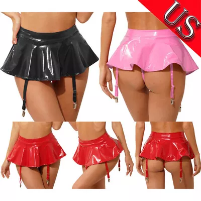 US Women Wet Look Pleated Bodycon Mini Latex Skirt Tights Pencil Skirt Clubwear • $14.07