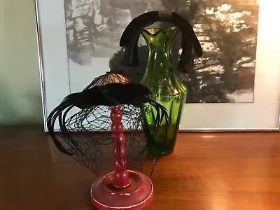 2 1950's Vtg  HEADBAND W Veil Cocktail Hat Black VELVET BOW Fascinator Netting • $39