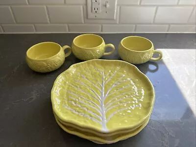 Secla Yellow Cabbage Leaf Portugal Luncheon Plate & Cup Set Majolica 7 Pieces • £52.25