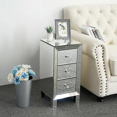 Mirrored Glass Bedside Table Cabinet 3 Drawer Crystal Handles Bedroom Nightstand • £86.99