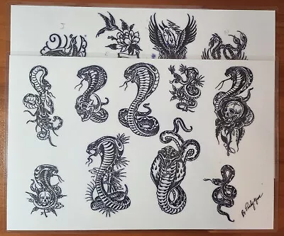 2  Pinky Yun Traditional Vintage Tattoo Flash Sheets 11x17 Snakes Cobra Phoenix • $39.99