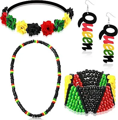 4 Pieces Multicolor Beaded Jamaican Jewelry Set - Bracelet Earrings Necklace - • $35.50
