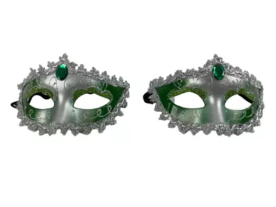 Lot Of 2 Painted Masquerade Mask Gray Silver Glitter Green Ombre Party Ribbon • $11