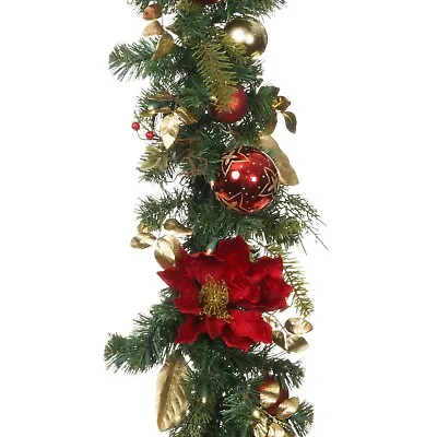 9 Ft. Artificial Christmas Garland With Lights - Golden Leaf Red Magnolia • $149.99